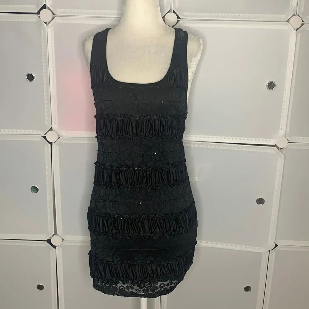 Forever 21 Black Racerback Bodycon Ribbon, Lace & Sequin Mini Dress Size Small